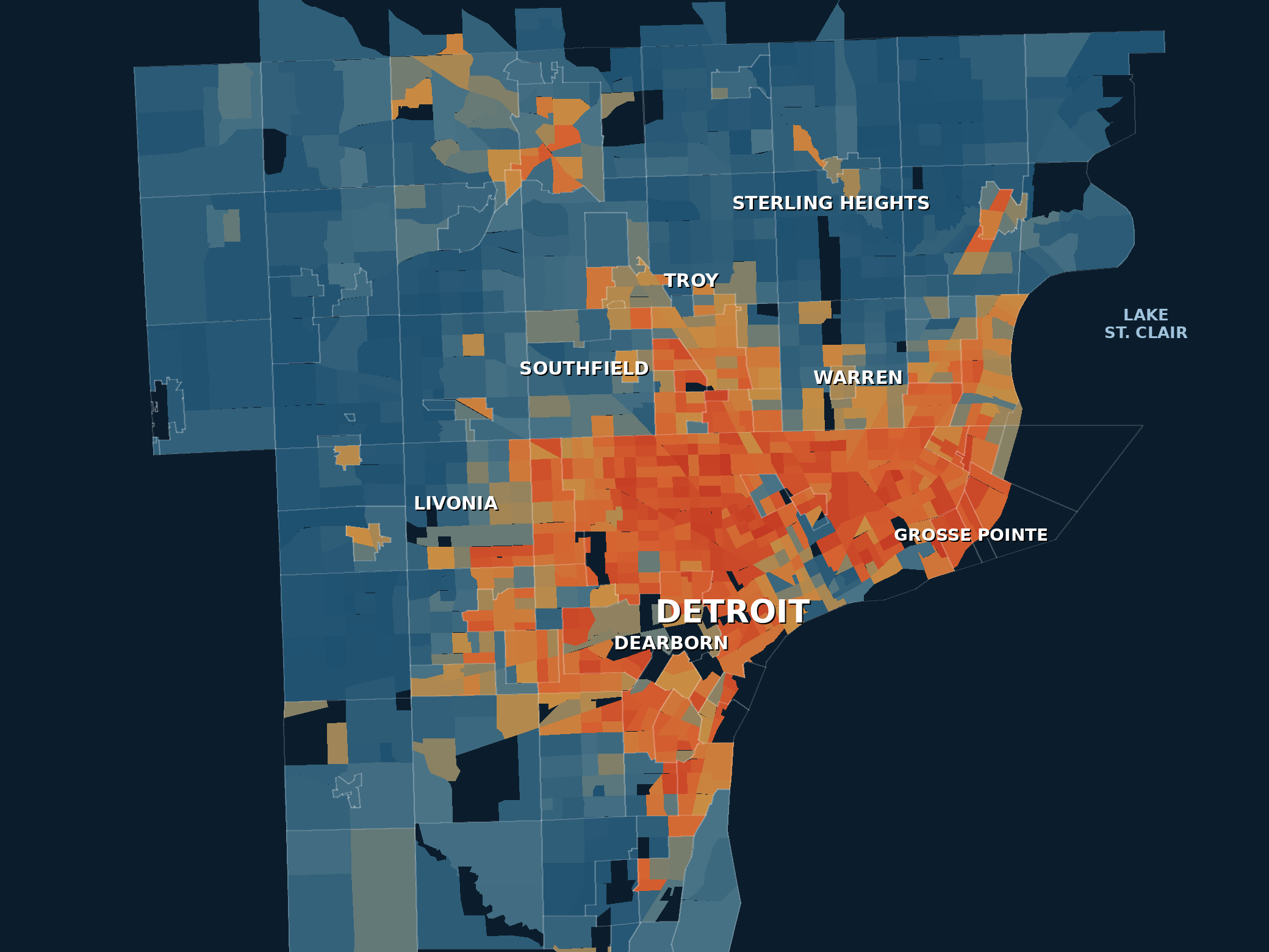 Basement Risk Index heat map of metro Detroit: about 1,100 neighborhoods scored, with the highest risk concentrated in Detroit and the older inner-ring suburbs